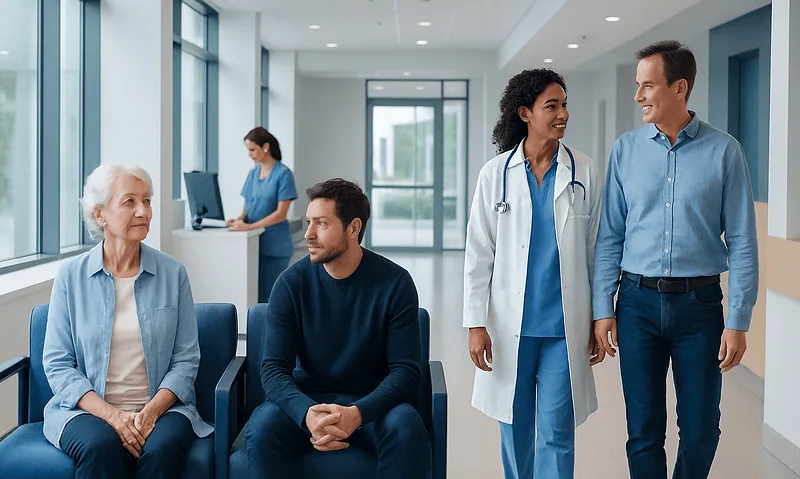 Patients waiting in a modern hospital corridor with medical staff nearby.