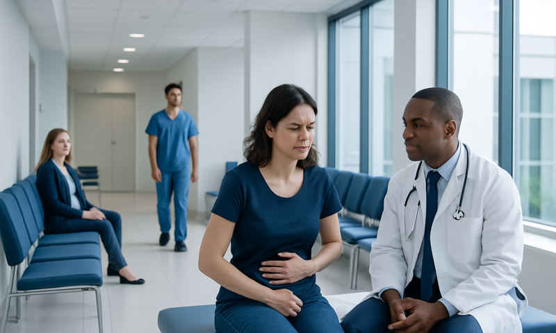 Patient experiencing stomach pain during a medical consultation at Acibadem Hospital.