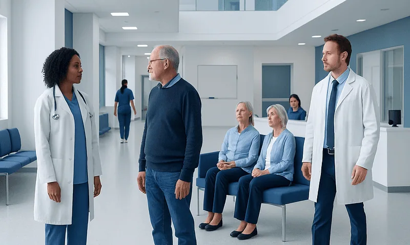 Medical consultation in a hospital corridor with doctors and patients.
