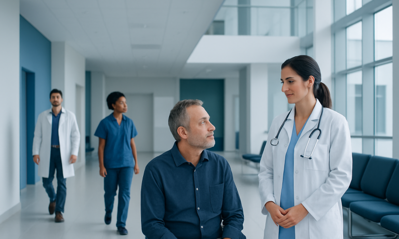Doctor consulting with patient in hospital corridor with medical staff in background.