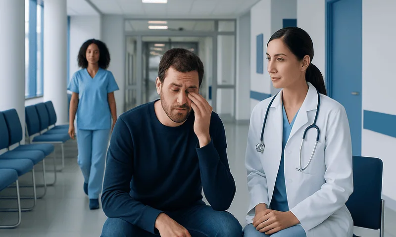 Patient experiencing eye discomfort in a hospital corridor with medical staff nearby.