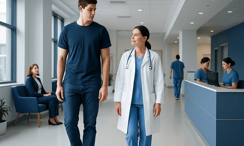 Young man consulting with a female doctor in a hospital corridor.