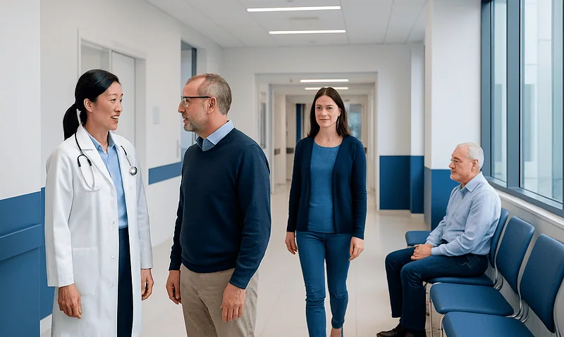 Medical staff and patients in a hospital corridor.