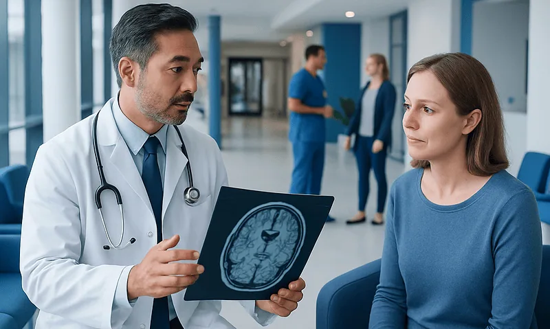 Doctor explaining brain scan to patient in hospital corridor.