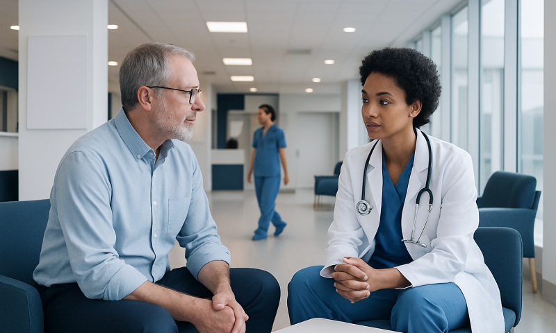 Doctor consulting with a patient in a modern hospital corridor.