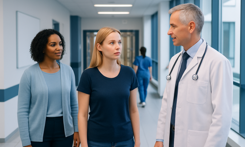 Doctor consulting two female patients in hospital corridor.