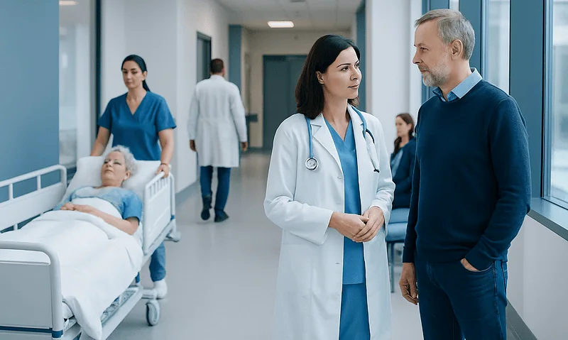 Doctor and patient discussing in hospital corridor with patient bed nearby.