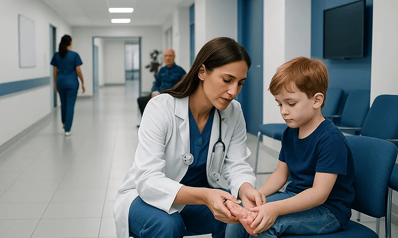 Hand Foot and Mouth Disease Blister Treatment: How It Works, Results and What to Expect 5 Pediatric doctor examining a young boy's hand in a hospital corridor.