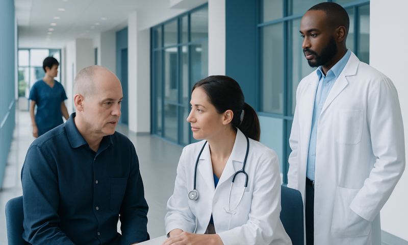 Medical consultation with a doctor and two healthcare professionals in a hospital corridor.