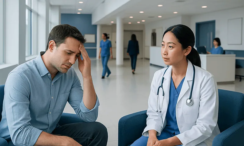 Patient experiencing headache consulting with doctor in hospital.