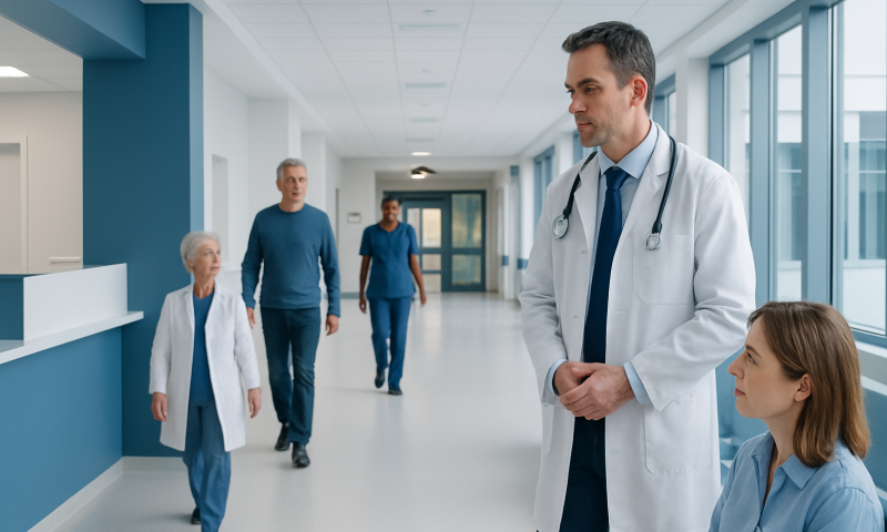 Medical team consulting in hospital corridor with patients and staff.
