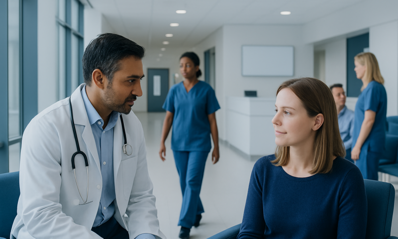 Doctor consulting a patient in a hospital corridor with medical staff in the background.
