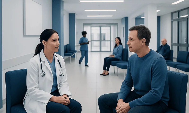 Doctor consulting patient in hospital waiting area.