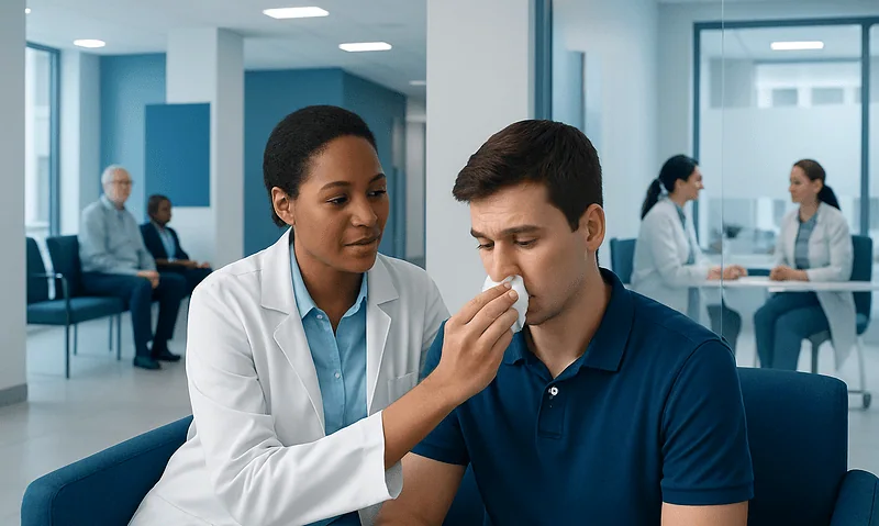 Doctor examines patient's nose in a hospital setting.