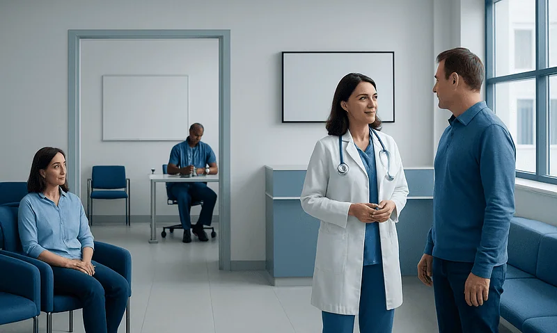 Doctor consulting with patient in hospital waiting area.