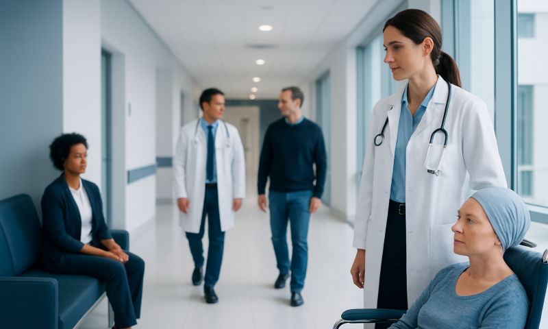 Medical team consulting with a patient in a hospital corridor.