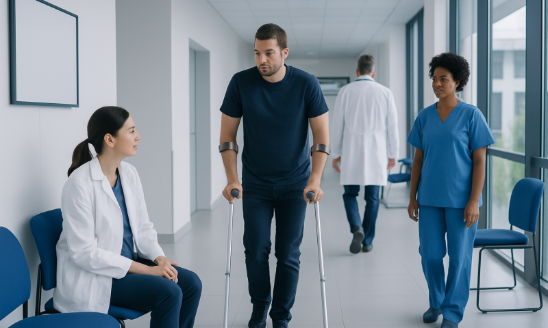 Patient using crutches in hospital corridor with medical staff nearby.