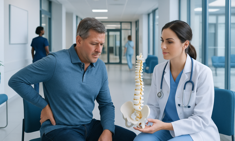 Doctor explaining herniated disc treatment to patient in hospital corridor.