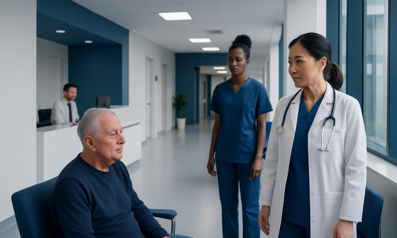 Doctor consulting elderly patient in hospital corridor.