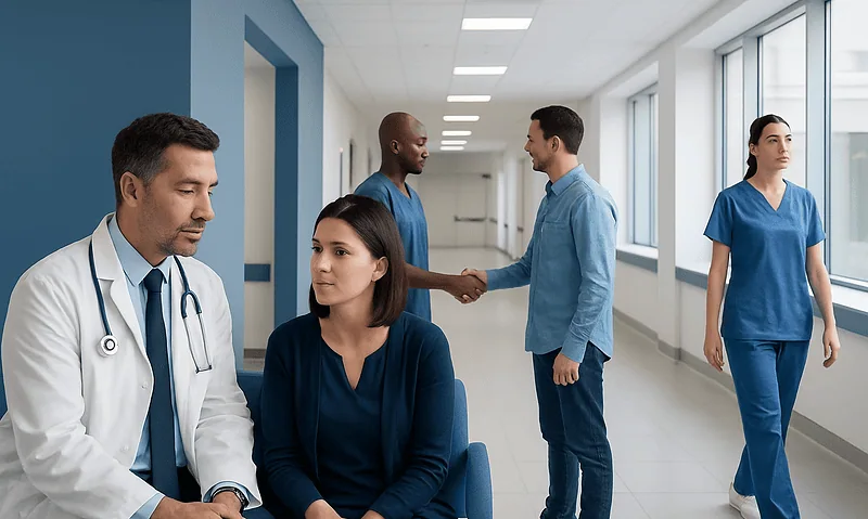 Medical team greeting and consulting in hospital corridor.