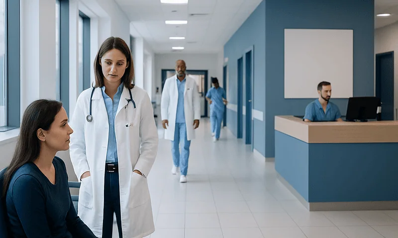 Medical professionals and patient in hospital corridor at Acibadem Hospitals Group.