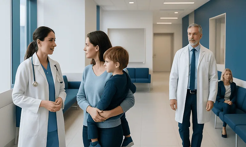Medical team consulting with a mother and child in hospital corridor.