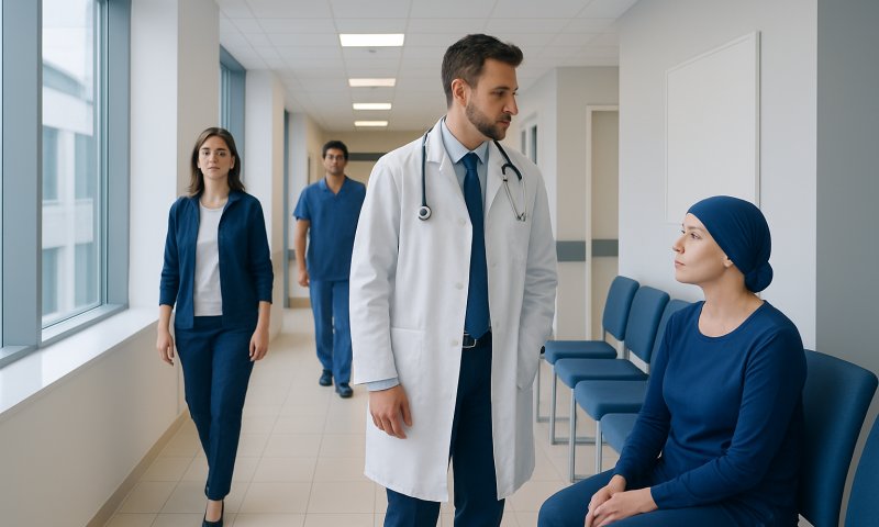 Doctor consulting a patient in a hospital corridor with medical staff in the background.