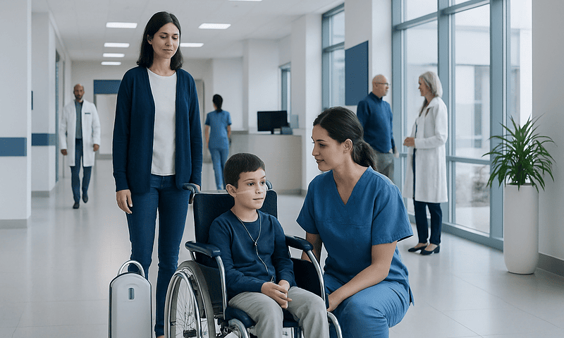 Child in wheelchair with healthcare staff in hospital corridor.