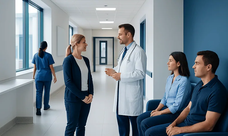 Doctor talking to patient in hospital corridor with staff in background.