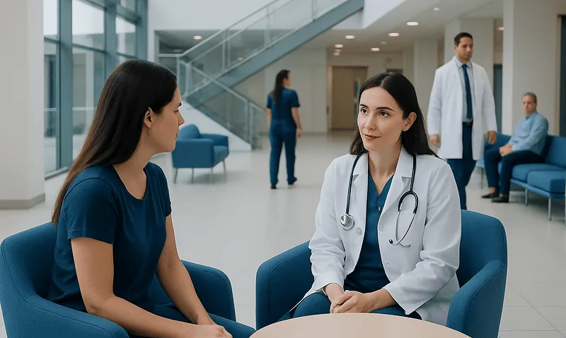 Doctor consulting patient in hospital lobby for endometriosis treatment.