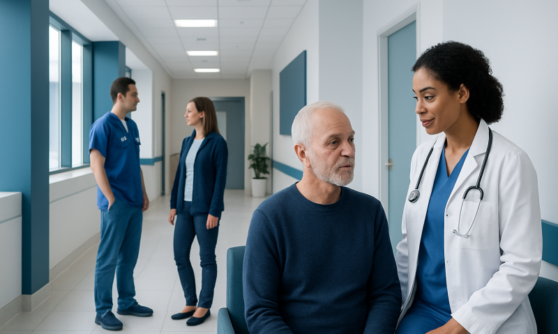 Doctor consulting with a senior male patient in hospital corridor.