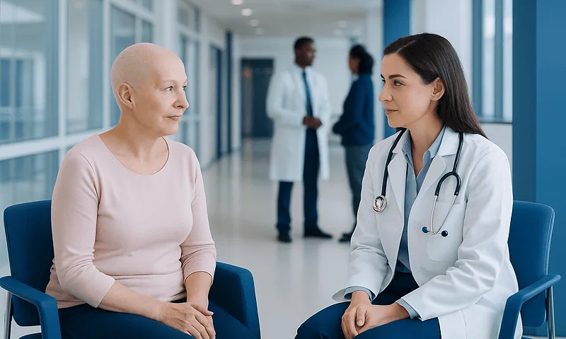Doctor consulting with a patient in a modern hospital corridor.