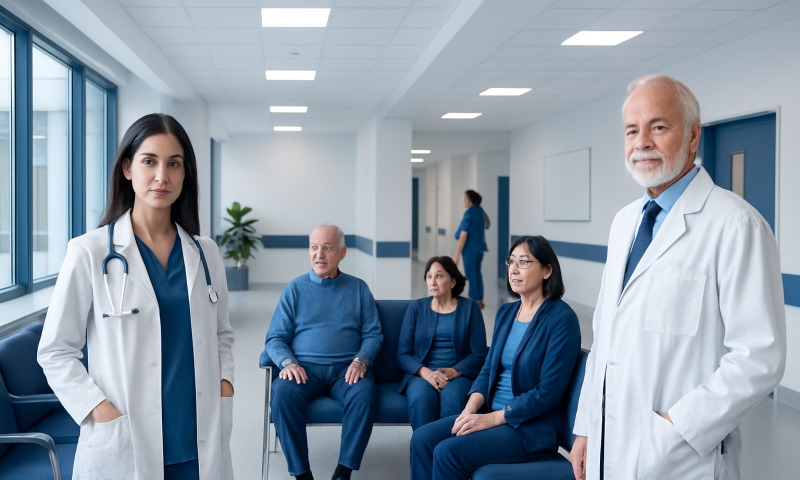 Medical team and patients in a hospital waiting area.