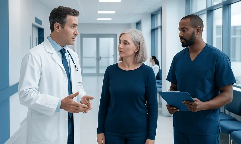 Medical team discussing patient care in hospital corridor.