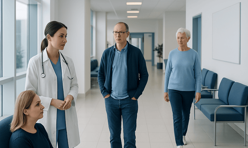 Medical consultation with healthcare professionals in a hospital corridor.