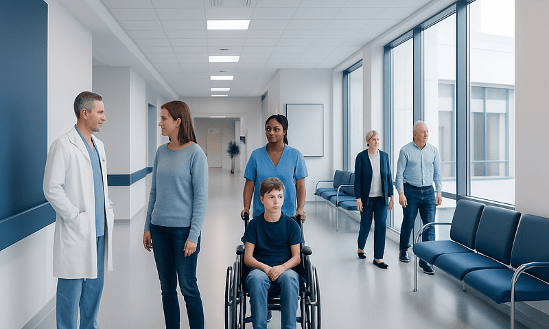 Hospital corridor with medical staff and patients, modern healthcare setting.