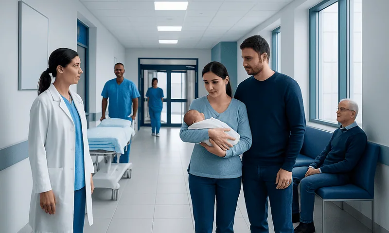Newborn baby with parents in hospital corridor at Acibadem Hospitals Group.