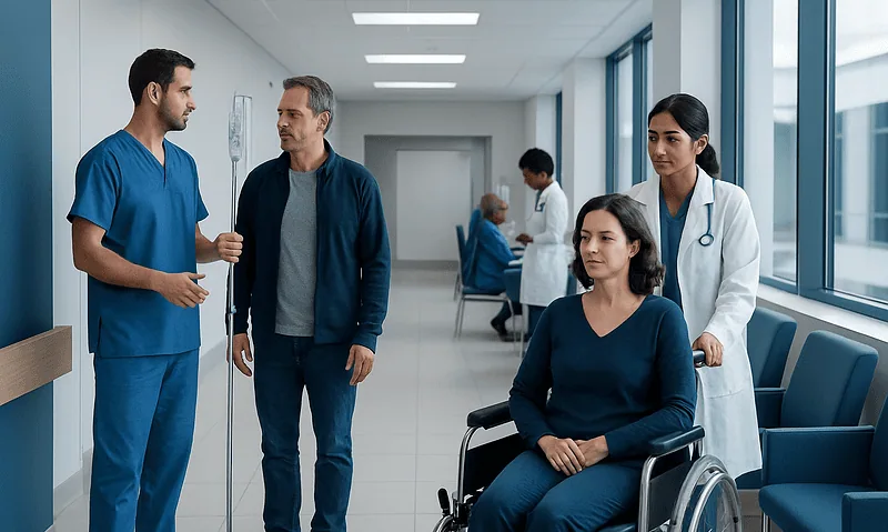 Medical team consulting with patient in hospital corridor.