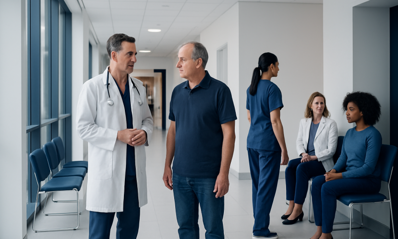 Hypertrophic Cardiomyopathy Treatment: How It Works, Results and What to Expect 6 Doctor talking to patient in hospital corridor with waiting area.