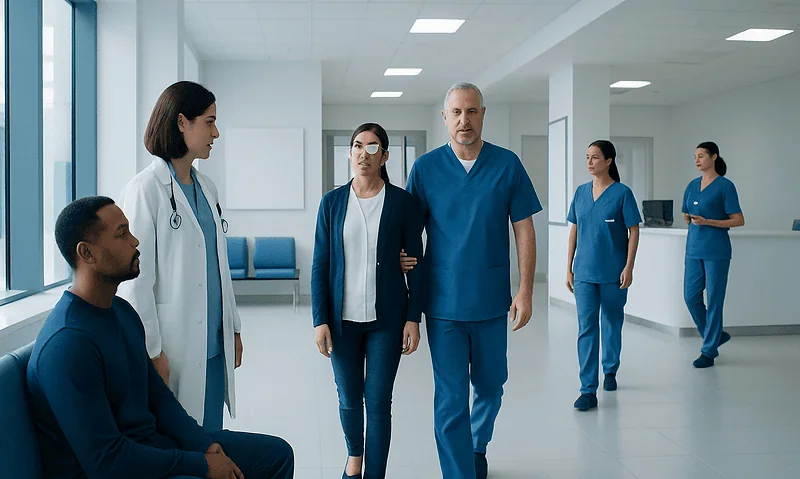 Medical team discussing patient care in hospital corridor.