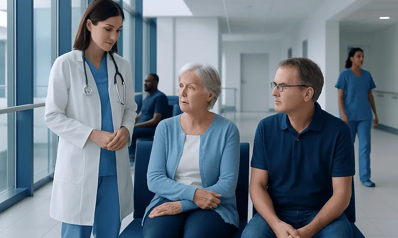 Doctor consulting elderly patient in hospital corridor.
