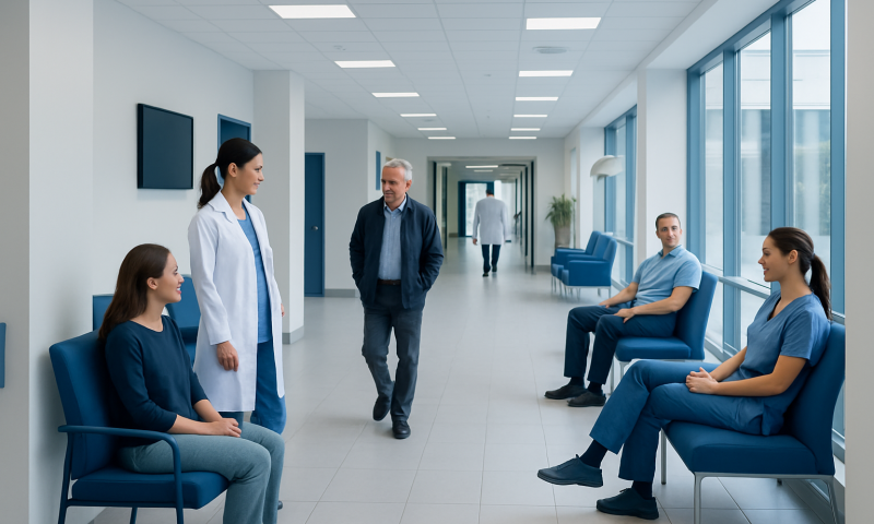 Hospital waiting area with medical staff and patients.