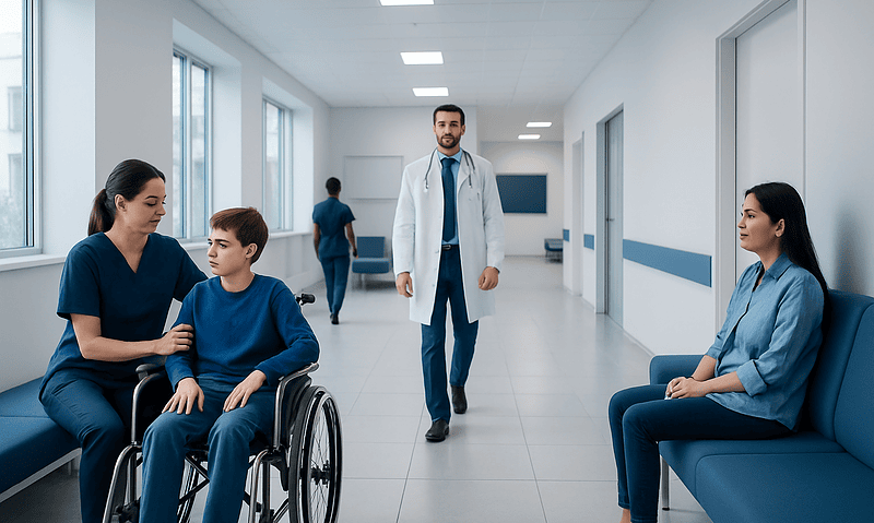 Medical team with a young patient in wheelchair in hospital corridor.