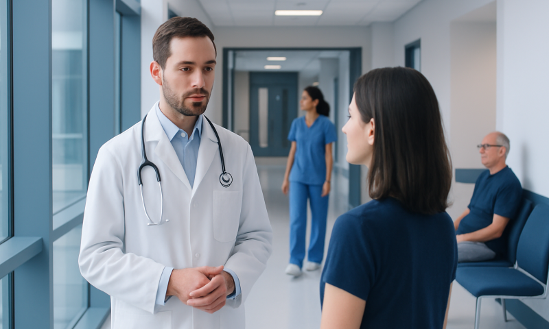 Doctor talking to a patient in a hospital corridor.