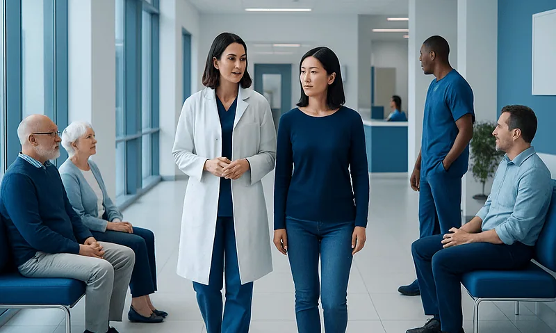 Medical professionals and patients in a hospital corridor.
