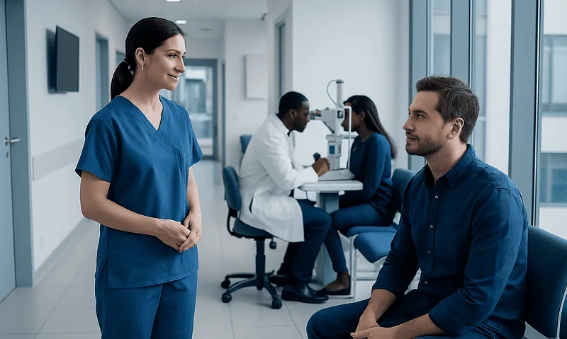 Healthcare professional consulting patient in modern clinic setting.