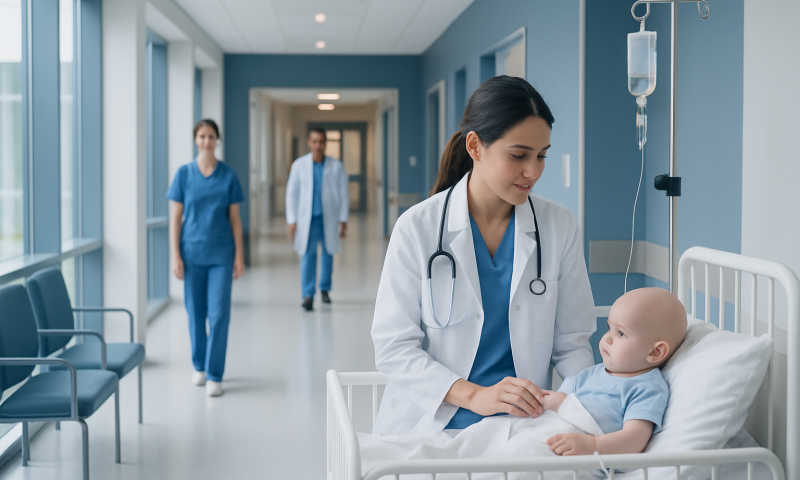 Pediatric patient in hospital bed with doctor and nurses in background.
