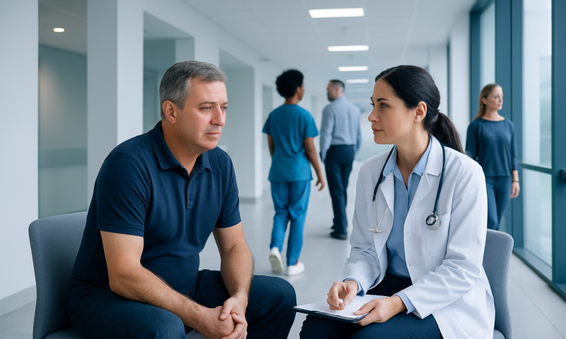 Doctor consulting male patient in hospital corridor with medical staff in background.