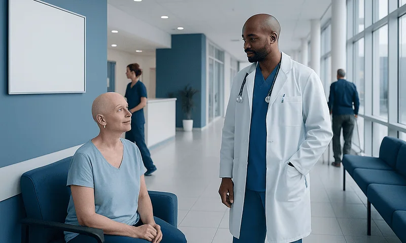 Doctor consulting a patient in a modern hospital corridor.