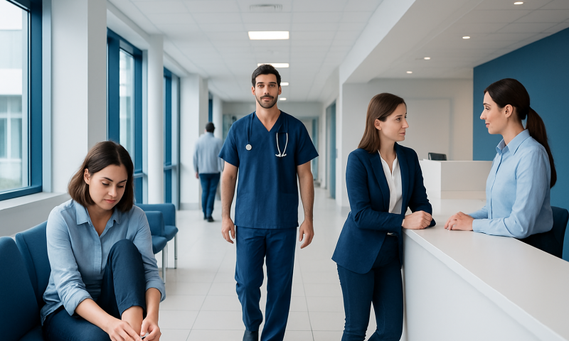 Healthcare professionals at a hospital reception desk in a modern facility.